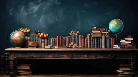 pile of books, stationery and apples on a wooden table with a minimalist backgroundの素材