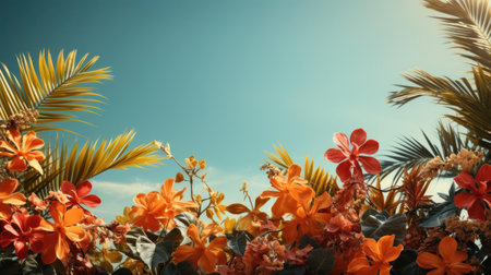 summer background with summer plant ornaments in bright colors for banners or postersの素材