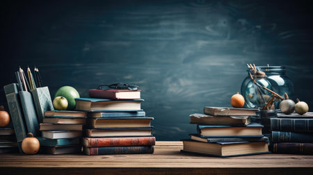 pile of books, stationery and apples on a wooden table with a minimalist backgroundの素材