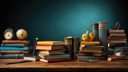 pile of books, stationery and apples on a wooden table with a minimalist backgroundの素材