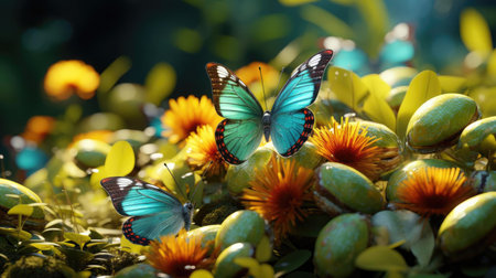 Easter day background with egg ornaments, butterflies and blurred backgroundの素材