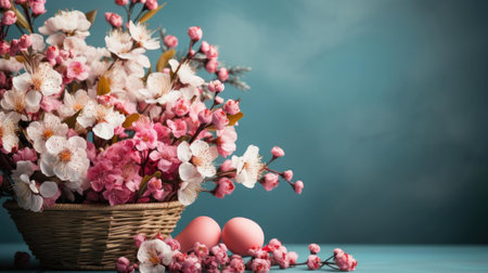 beautiful easter day background concept with pink eggs and flowersの素材