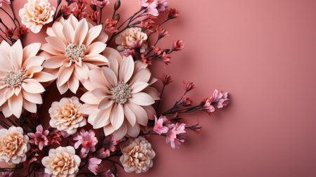 top view of beautiful flowers on pink background for valentine banner or posterの素材