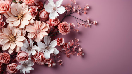 top view of beautiful flowers on pink background for valentine banner or posterの素材