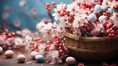 beautiful easter day background concept with pink eggs and flowersの素材