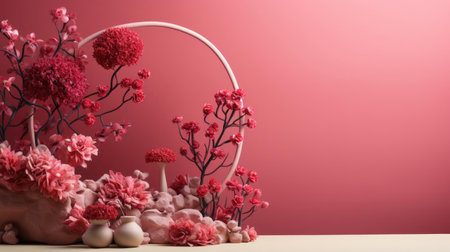 women's days concept with floral ornaments and pink background for 8 march women's dayの素材
