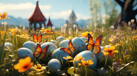 Easter day background with egg ornaments, butterflies and blurred backgroundの素材