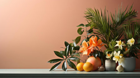 summer background with summer plant ornaments in bright colors for banners or postersの素材