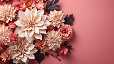 top view of beautiful flowers on pink background for valentine banner or posterの素材