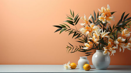 summer background with summer plant ornaments in bright colors for banners or postersの素材