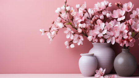top view of beautiful flowers on pink background for valentine banner or posterの素材