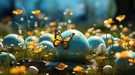 Easter day background with egg ornaments, butterflies and blurred backgroundの素材