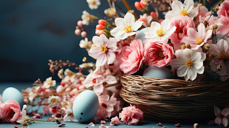 beautiful easter day background concept with pink eggs and flowersの素材