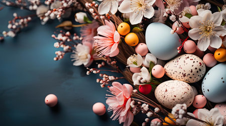 beautiful easter day background concept with pink eggs and flowersの素材