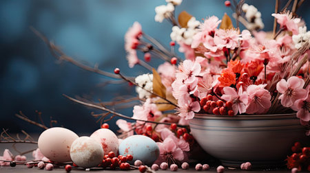 beautiful easter day background concept with pink eggs and flowersの素材