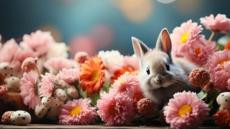 beautiful easter day background concept with pink eggs and flowersの素材