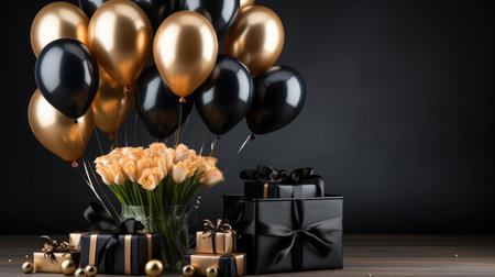 front view of black friday sale background with balloon ornaments, gift boxes and shopping cartsの素材