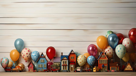 front view of children's day background with balloon and doll ornamentsの素材