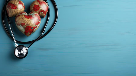world health day concept background with planet earth ornament on blue backgroundの素材