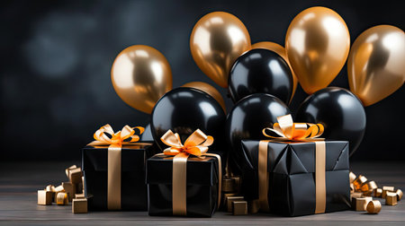 front view of black friday sale background with balloon ornaments, gift boxes and shopping cartsの素材