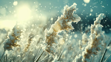 Snowy Field with Snowflakes and Grassesの素材