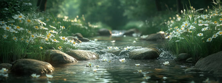 A serene river flows gently through a lush meadowの素材