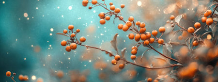 Branches with orange berries on a teal backgroundの素材