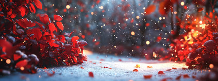 Snowy forest with red leaves and bokeh lightsの素材