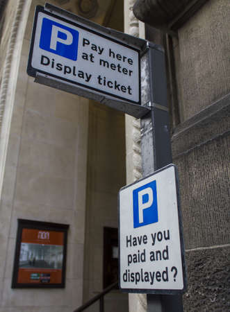 Pay here parking signs, Liverpool, Englandの写真素材