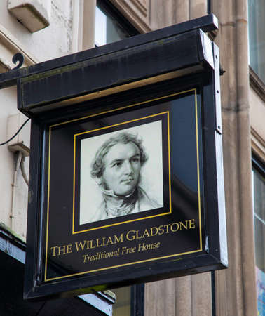 A hanging pub sign outside the William Gladstone public house in central Liverpool May 2018