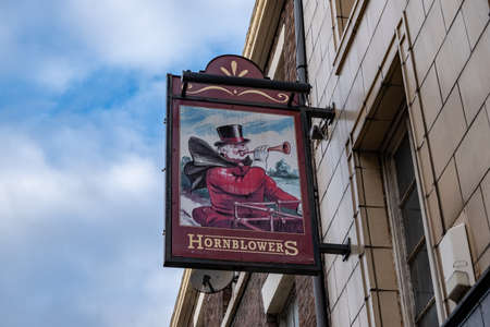 sign outside the Hornblowers public house in Birkenhead Wirral January 2020のeditorial素材
