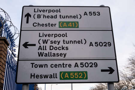 town centre road sign with directions in Birkenhead Wirral January 2020のeditorial素材