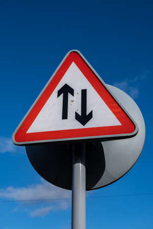 sign indicating two way traffic in Moreton Wirral February 2020
