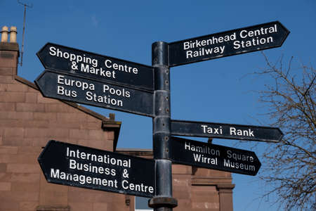 Signs indicating local points of interest in Birkenhead Wirral March 2020のeditorial素材