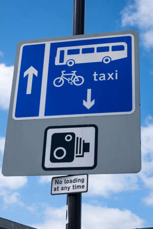 One way and traffic camera signs in the town centre in Bolton Lancashire July 2020