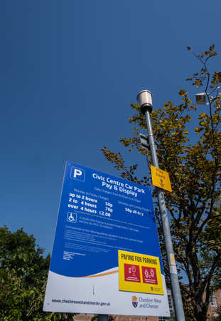 Civic centre car park and pay here sign in Ellesmere Port Cheshire July 2020のeditorial素材