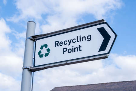Sign for recycling point in the town centre in Ormskirk Lancashire September 2020の写真素材