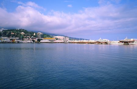 Seaport and  ships of  city of Yalta,  Crimean peninsulaの写真素材