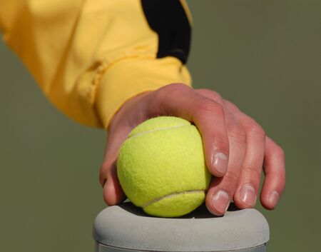 hand of  sportsman holds  tennis ball on  backgroundの写真素材