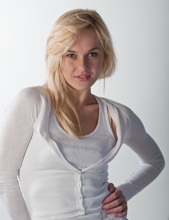 the young girl the blonde, photographing in studioの写真素材