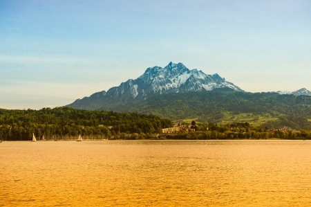 view of the lake and city of Lucerne, Switzerlandの写真素材