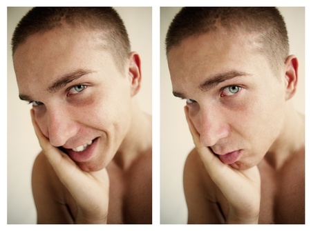 two portraits of the young guy, serious and laughing on light vonの写真素材