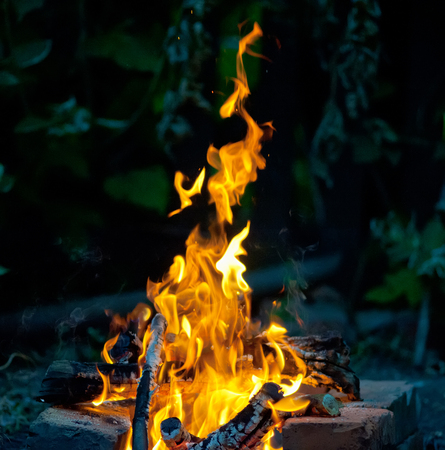 burning wood fire and flame orange color on a dark backgroundの写真素材