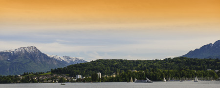 general view of the town and Lake Lucerne, Switzerlandの写真素材