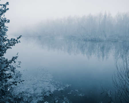 misty morning at the river in the countrysideの写真素材