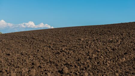 agricultural plowed field and sky landscape panoramaの写真素材