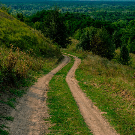 Dirt road in a hilly landscape rural landscapeの写真素材