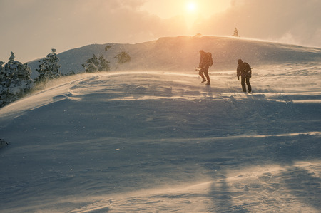 Mountain tourists go to a snowstorm in the mountains. Sunset. Snow.の写真素材