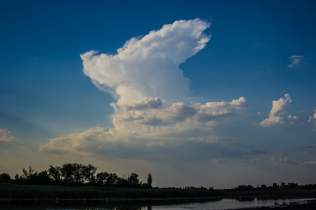 clouds and forest by the river on a meadow at sunset. Rural landscape. Sunny day. August. Summer season.の写真素材