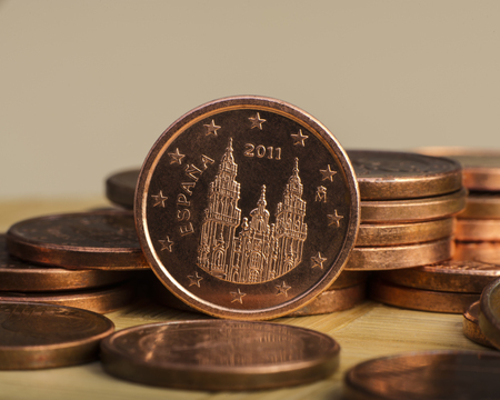 one cent coin is on coins. Euro money.  Currency of the European Union.の写真素材